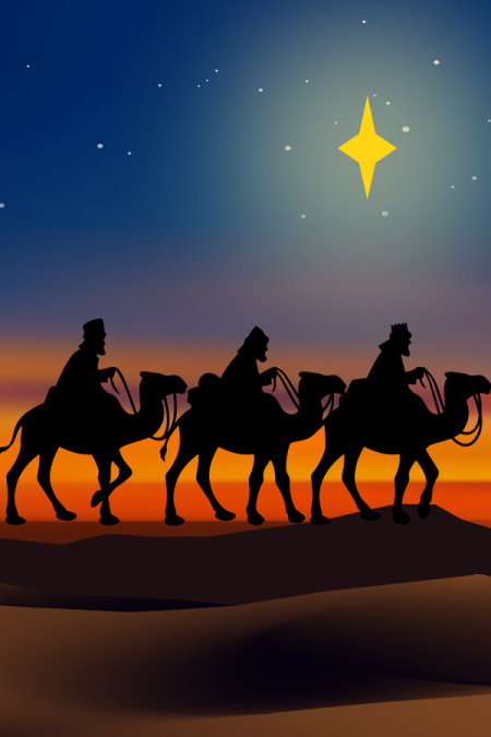 three kings on camels in foreground with star shining in sky and sunset in background