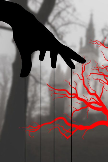 hand with marionette strings dangling reaching for red branch with fog covered church in background
